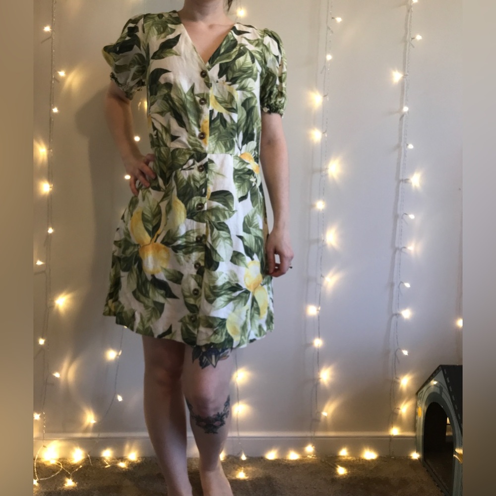 Botanical Print Button-Down Linen Blend Dress